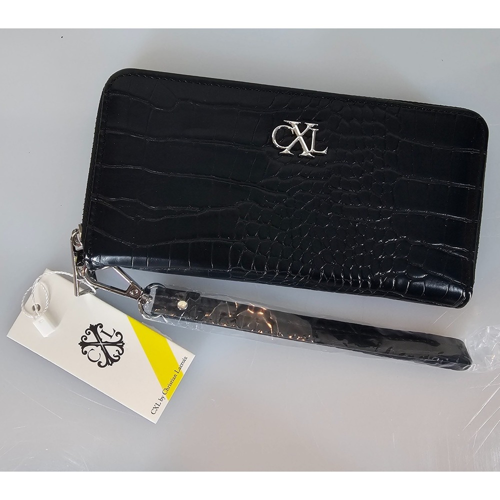 CXL by Christian Lacroix Wristlet Wallet Black Kara Croco Zip Accordion New